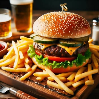 Juicy cheeseburger with crispy lettuce, tomatoes, gherkins and caramelized onions, served with golden fries on a rustic wooden board.