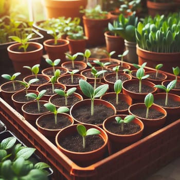 Young seedlings in terracotta pots, carefully arranged in a box. Fresh greenery under warm light - ideal for garden lovers and nature enthusiasts.