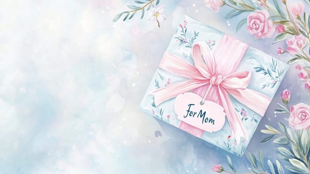 Beautiful watercolor painting of a gift box with a pink ribbon and floral design, perfect for Mother's Day greeting cards, invitations, and special occasions