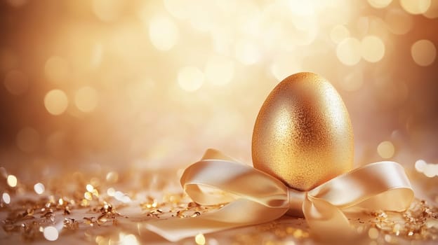Luxurious golden Easter egg with satin ribbon on sparkling background