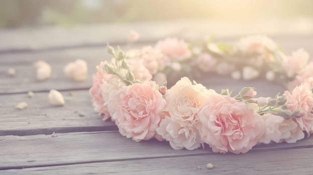 A delicate pink flower crown with soft roses and greenery placed on a rustic wooden surface. Ideal for weddings, boho-themed events, and Mother's Day