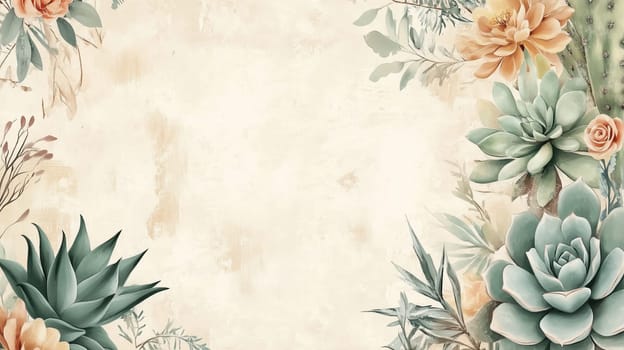 A beautifully arranged boho-inspired floral border featuring succulents, cacti, and delicate flowers against a textured vintage background. Perfect for wedding invitations, greeting cards, and decorative designs.