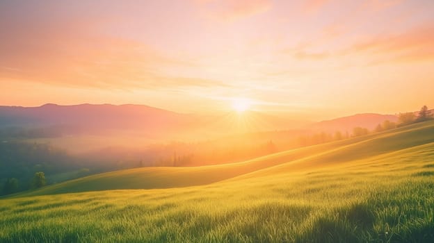 Rolling green hills at sunrise – Easter card nature background.