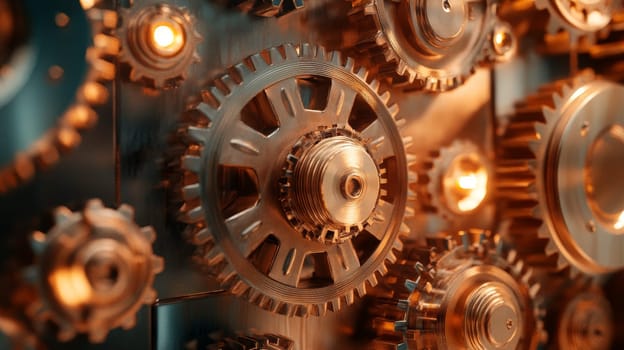 Shiny metallic gears in motion symbolizing progress and labor force.