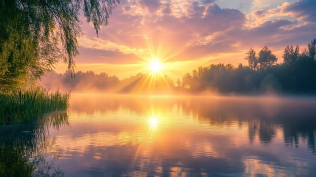 Sunrise over misty lake for peaceful Easter morning inspiration.