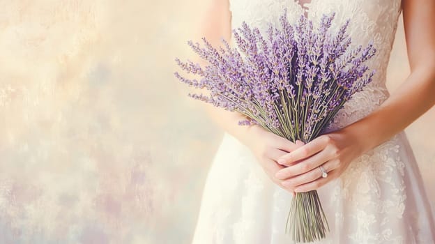 Close-up of a bride’s hands holding a lavender bouquet. Ideal for wedding invitations, greeting cards, romantic designs, and bridal inspirations