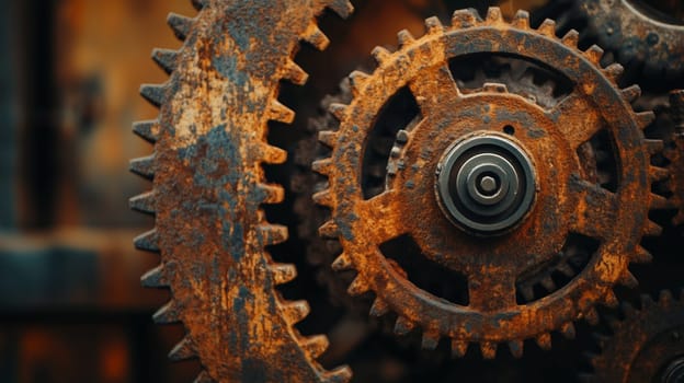 Rusty industrial gears symbolizing labor and industry for Workers' Day.