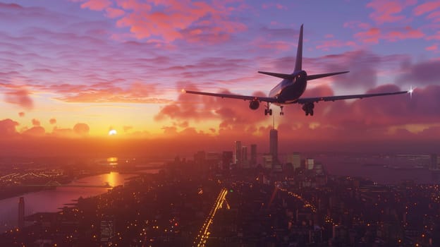 Airplane landing over city skyline at sunset.