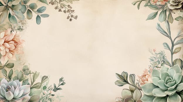 A beautifully crafted botanical illustration featuring succulents and floral elements in earthy tones, ideal for vintage-inspired wedding invitations and backgrounds.