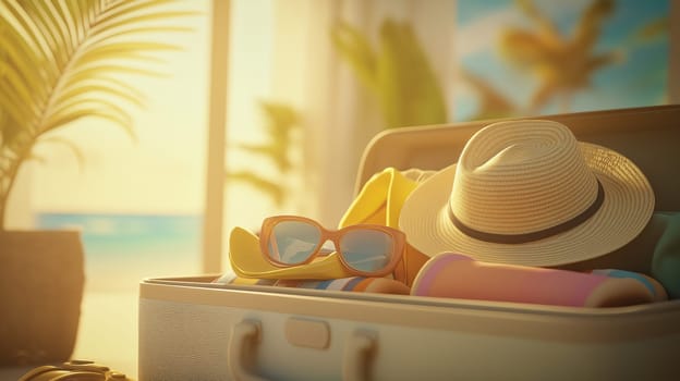 Open suitcase with sun hat and sunglasses in sunlight.
