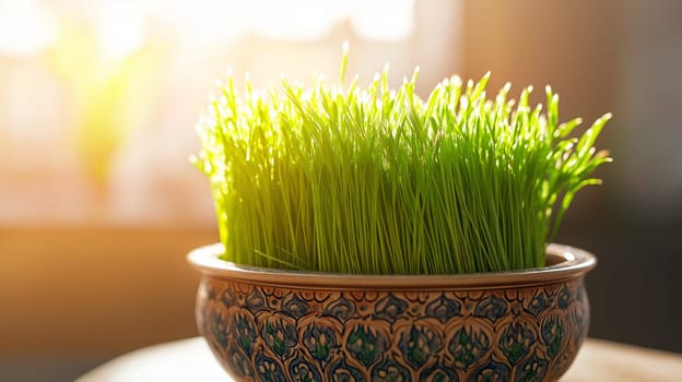 Sabzeh wheatgrass in decorative bowl for Nowruz celebration.