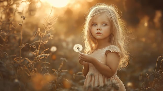 A little girl holding a dandelion in a meadow. Ideal for children's photography, storytelling, and nature themes. Spring vibes