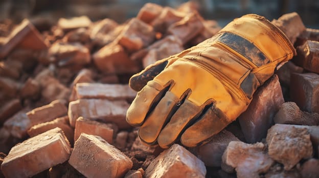 Worn-out work glove on rubble representing hard labor and dedication.