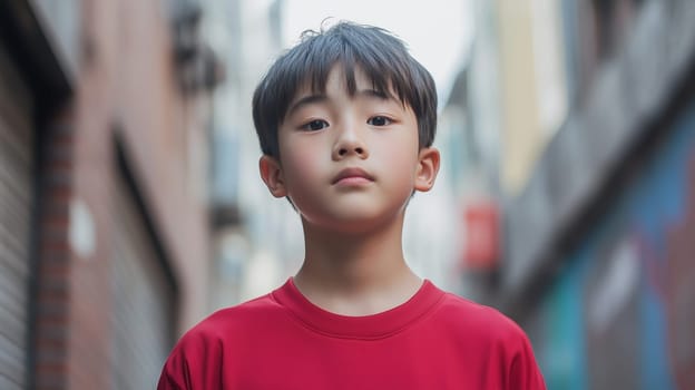 Portrait of serious Asian child on city street, kid boy standing in urban setting looks at camera