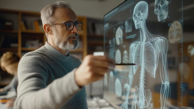 Mature man scientist with glasses analyzing human brain on computer monitor, looking at medical display in laboratory, 3d model of head anatomy, digital data