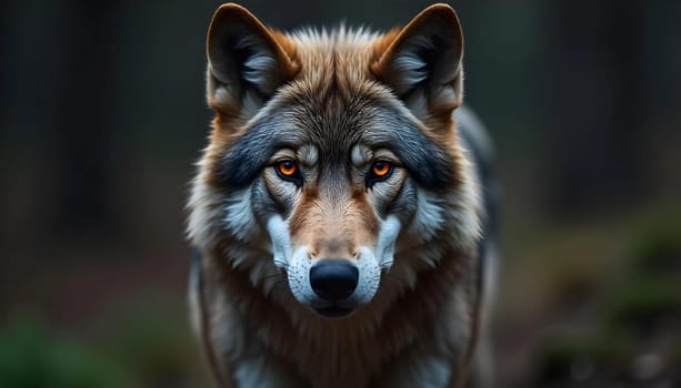 Fierce wolf with glowing red eyes in a snowy forest. A close-up of a powerful wolf with glowing red eyes in a snowy, dark forest, creating a mysterious and intense scene.