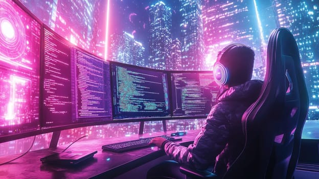 A programmer sits at a desk with multiple monitors displaying lines of code. The backdrop features a futuristic city illuminated by neon lights, creating an immersive atmosphere at night.