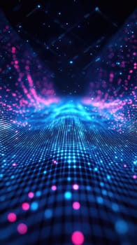 A stunning digital landscape displays vibrant blue and pink particles flowing across a grid. The scene evokes a sense of depth and immersion, resembling a futuristic environment at night.