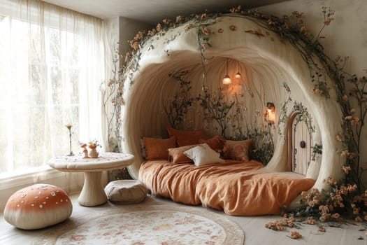 A unique bedroom features a rounded sleeping nook adorned with floral decor and soft orange bedding. Natural light filters through large windows, creating a tranquil atmosphere.