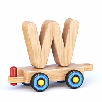 Wooden toy train font Letter W 3D rendering illustration isolated on white background