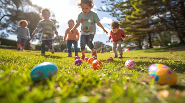 Easter Egg Hunt Excitement Children Enthusiastically Gather Colorful Eggs in the Park.