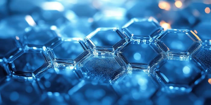 Hexagonal water droplets gather together, forming a striking pattern illuminated by soft blue light. The arrangement creates a visually captivating abstract scene with reflections.