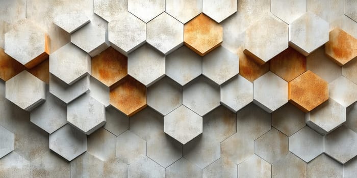 Hexagonal wall panels create a striking visual effect with a blend of neutral tones and rusty accents. This contemporary design enhances the ambiance of the space.