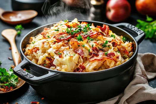Savory cabbage mixed with crispy bacon is presented in a cast iron pot, enhanced by fresh herbs. The dish exudes warmth and comfort, perfect for a hearty meal.