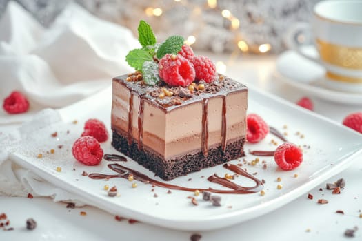 A rich chocolate dessert rests on a white plate, adorned with fresh raspberries, mint leaves, and a drizzle of chocolate. Perfect for sweet cravings at any time.