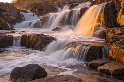 Waterfalls cascade over rugged rocks as the setting sun bathes the scene in warm golden light. Nature showcases its beauty in this tranquil and serene environment.