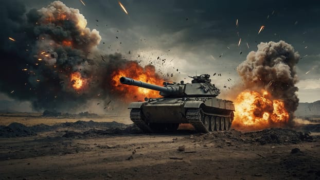 A dramatic war scene unfolds with tanks firing and explosions lighting up the smoky sky. This powerful imagery captures the chaos of military conflict, ideal for exploring the human experience in war.