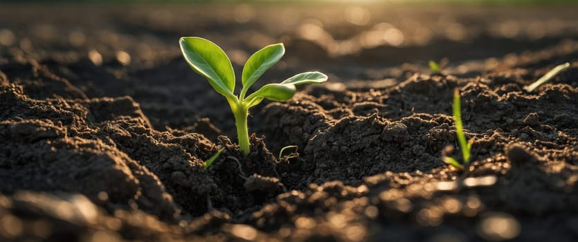 A small green sprout is growing out of the dark soil, illuminated by bright sunlight. This sprout represents new beginnings, as it starts to grow and thrive with the nurturing light of the sun.