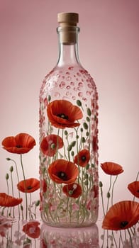 This stock image showcases a glass bottle with a red poppy flower inside, placed on a reflective surface with scattered red poppies, set against a soft pink background, ideal for creative projects.