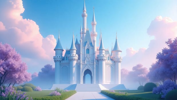 This enchanting digital artwork showcases a whimsical castle with a blue roof and white walls, surrounded by lush greenery, colorful flowers, and blooming pink trees, evoking a magical atmosphere.