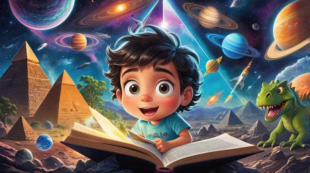 The boy is surrounded by colorful planets, shining stars, and imaginative spaceships. The illustration features a retro feel, showcasing a vibrant color palette that sparks curiosity and wonder.