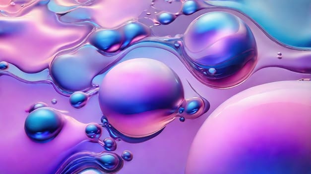 Two shiny blue and purple spheres float on a mesmerizing reflective surface. The surface displays shades of blue and purple, with a captivating wave-like pattern that enhances its visual appeal.