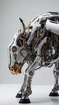 An impressive and unique cybernetic bull sculpture featuring intricate golden mechanical details and futuristic design elements, isolated on a clean white background for striking contrast.