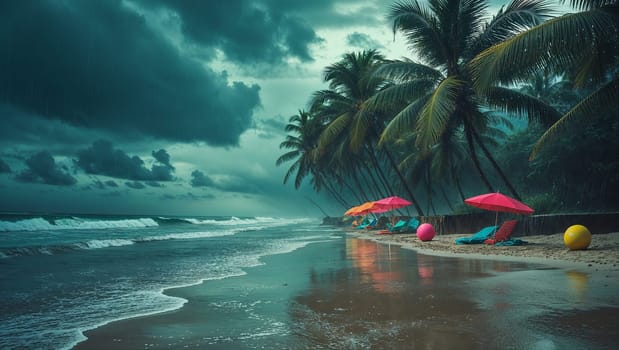 Beach umbrellas and chairs standing on a sandy beach during a tropical storm with dramatic clouds and rain. Ai generated image
