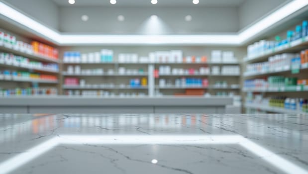 White marble countertop with blurred pharmacy shelves in the background, ideal for product placement. Ai generated image