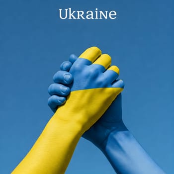 Two hands painted blue and yellow clasp firmly against a serene sky, embodying unity, hope, and strength, symbolizing Ukraine's resilience Generative AI