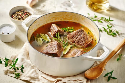 A pot filled with tender beef chunks slowly cooking in flavorful broth, garnished with fresh thyme and bay leaves placed on a light kitchen surface.