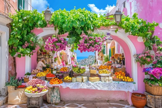 A colorful fruit market displays an abundance of fresh produce, surrounded by blooming flowers and charming buildings in a coastal village. Shoppers browse the stalls.