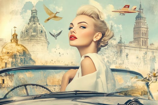 A stylish woman with blonde hair poses in a classic convertible, showcasing a retro look. City landmarks and birds accentuate the vibrant atmosphere, evoking a sense of nostalgia.