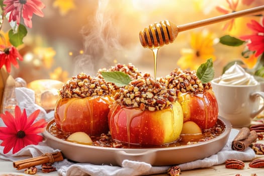 Three baked apples are beautifully presented with a pecan topping and honey drizzled over them. The background features flowers, enhancing the warm autumn atmosphere of the scene.