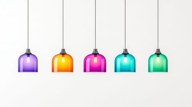 Five colorful pendant lamps in purple, orange, pink, turquoise, and green are hanging from the ceiling against a simple white background, creating a vibrant and modern atmosphere