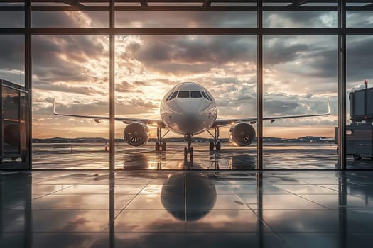 An airplane stands on the tarmac at an airport as the sun sets, casting vibrant colors across the sky. Reflections from the wet runway enhance the scene with dramatic light and shadows.