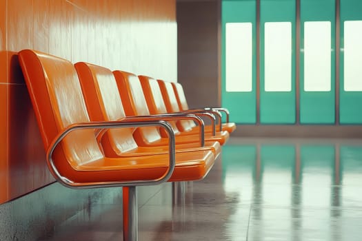 Bright orange seating lines a sleek wall, inviting visitors in a modern waiting area. Turquoise glass windows provide a cheerful contrast, creating an engaging atmosphere for relaxation.
