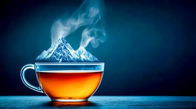 Steaming cup of tea creates a mountain landscape with its vapor, offering a surreal and evocative scene of warmth and tranquility against a deep blue backdrop