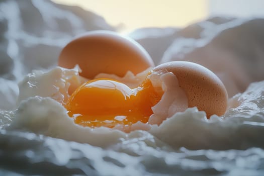 Two fresh eggs are resting on a soft surface, with one egg cracked open. The bright yellow yolk and smooth egg whites contrast beautifully with the eggshells, capturing freshness and simplicity.