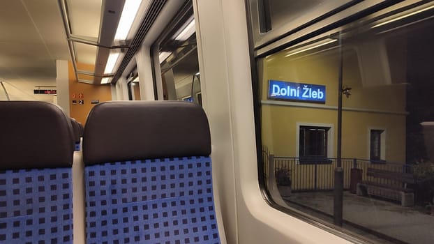 October 17 2024 Dolni Zleb Czech Republic Europe ,Train interior night travel tourism transport shotlisttravel . High quality photo